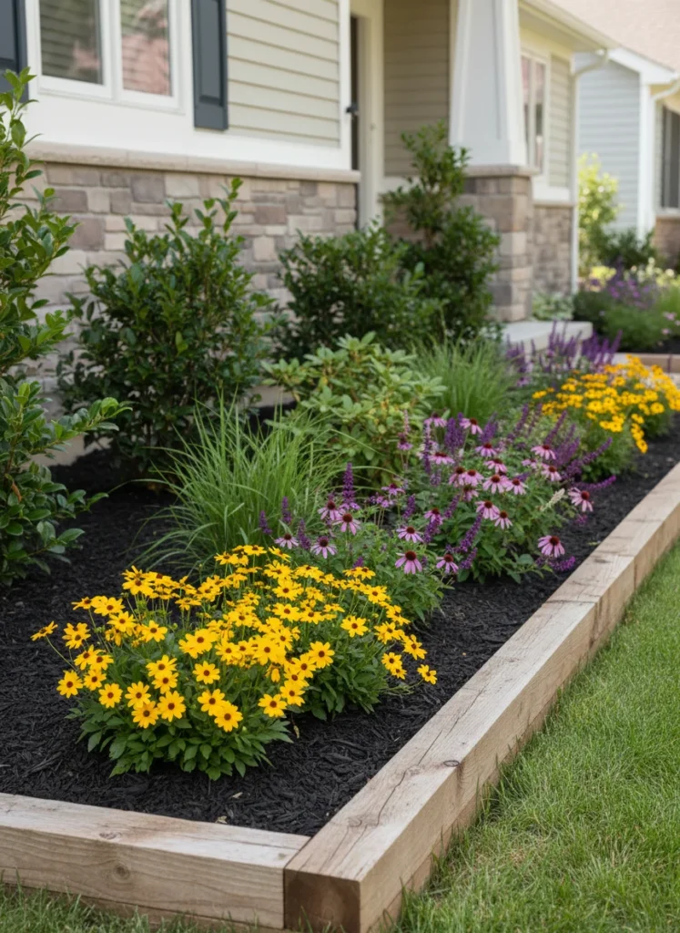 Realistic photograph of a well-maintained residential front yard foundation planting bed with raised wooden borders, filled with layered shrubs, flowering perennials in yellow and purple, and dark rich mulch. The house facade is partially visible in the background. Bright daylight, clean and tidy suburban style