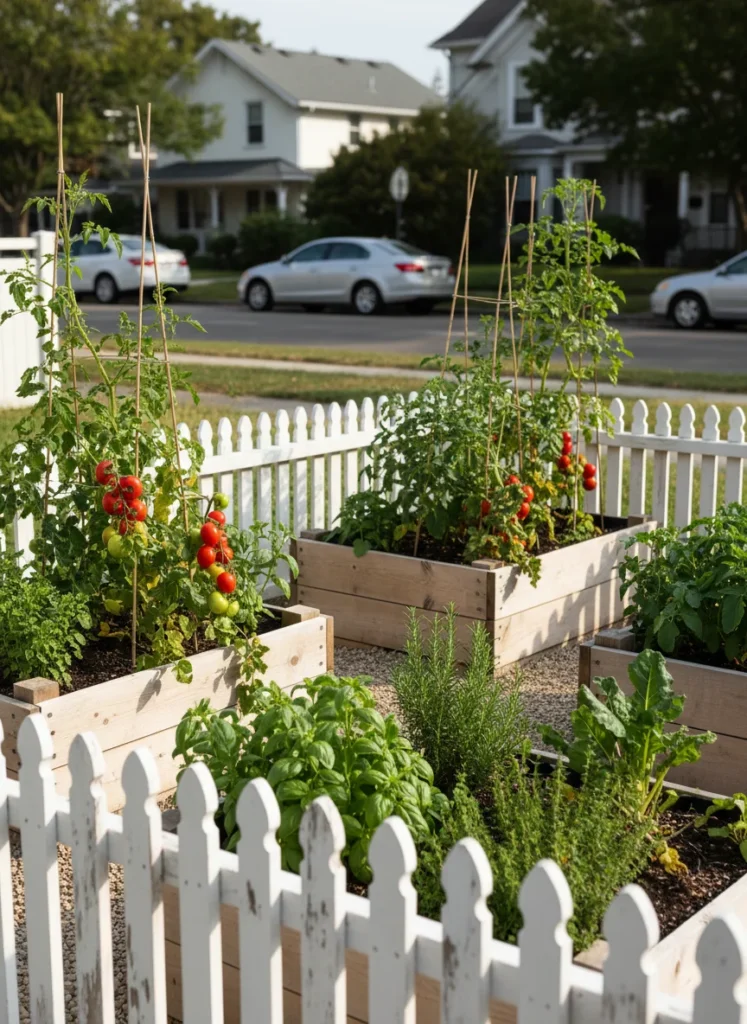 Realistic photograph of a charming front yard kitchen garden with neat raised wooden planting beds, growing tomatoes, herbs, and leafy greens, bordered by a white picket-style low fence. Cottage garden aesthetic, bright natural light, residential street visible in the background