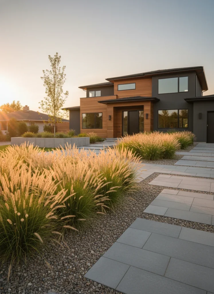 Realistic photograph of a contemporary front yard landscaping design featuring large clumps of ornamental grass in golden and green tones, planted in groupings along a clean gravel border. Modern suburban home in the background, late afternoon warm light, minimalist landscaping aesthetic