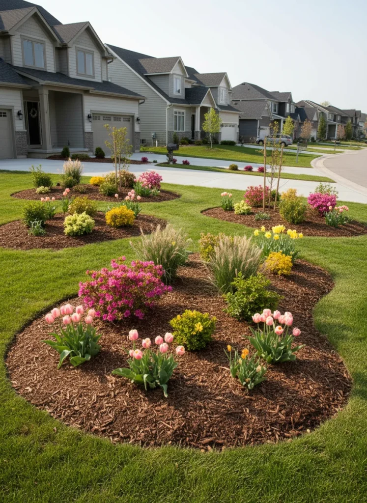 Realistic photograph of a front yard with organic-shaped mulched planting islands replacing sections of lawn, planted with a mix of flowering shrubs, ornamental grasses, and spring bulbs in pink and yellow. Dark brown wood chip mulch, curved island edges, residential neighborhood, bright spring light