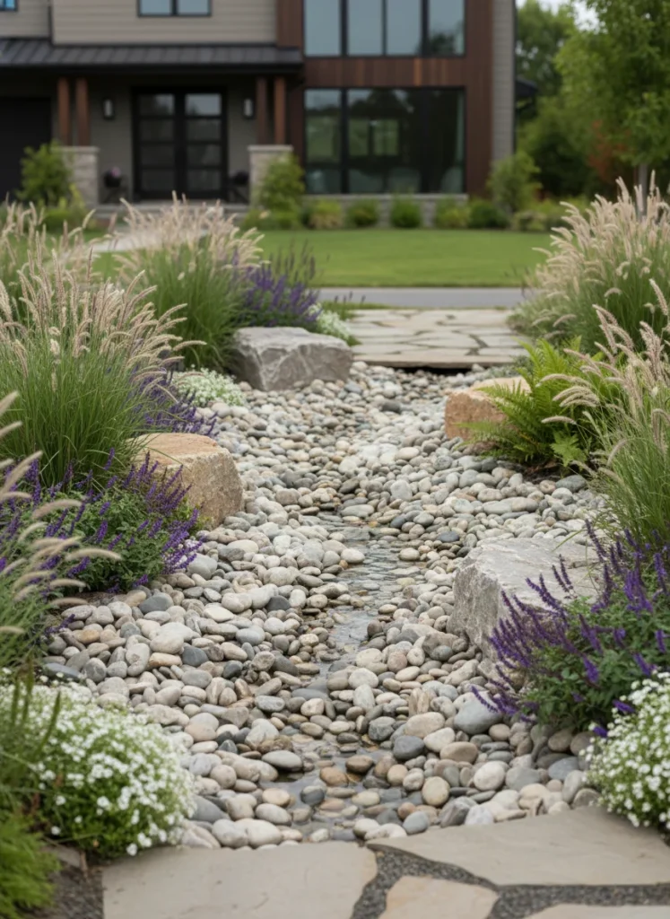 Realistic photograph of a decorative dry creek bed running through a front yard landscaping design, made from smooth river rocks and larger boulders, flanked by ornamental grasses, ferns, and low flowering plants. Natural winding path design, residential garden, soft overcast light