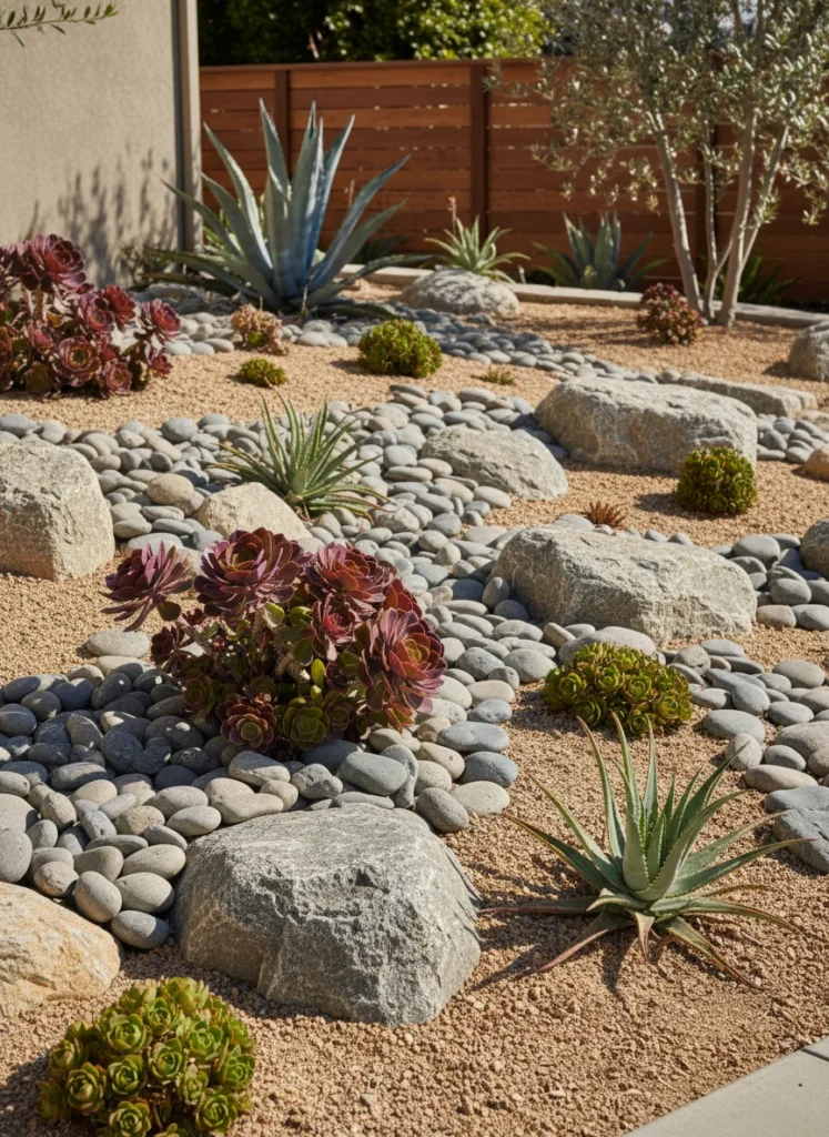 Realistic photograph of a drought-tolerant front yard landscaping design featuring an arrangement of smooth grey rocks, decorative boulders, and a mix of succulent plants including agave, echeveria, and aloe in sandy soil. Warm California or Mediterranean aesthetic, bright sun, clean residential setting