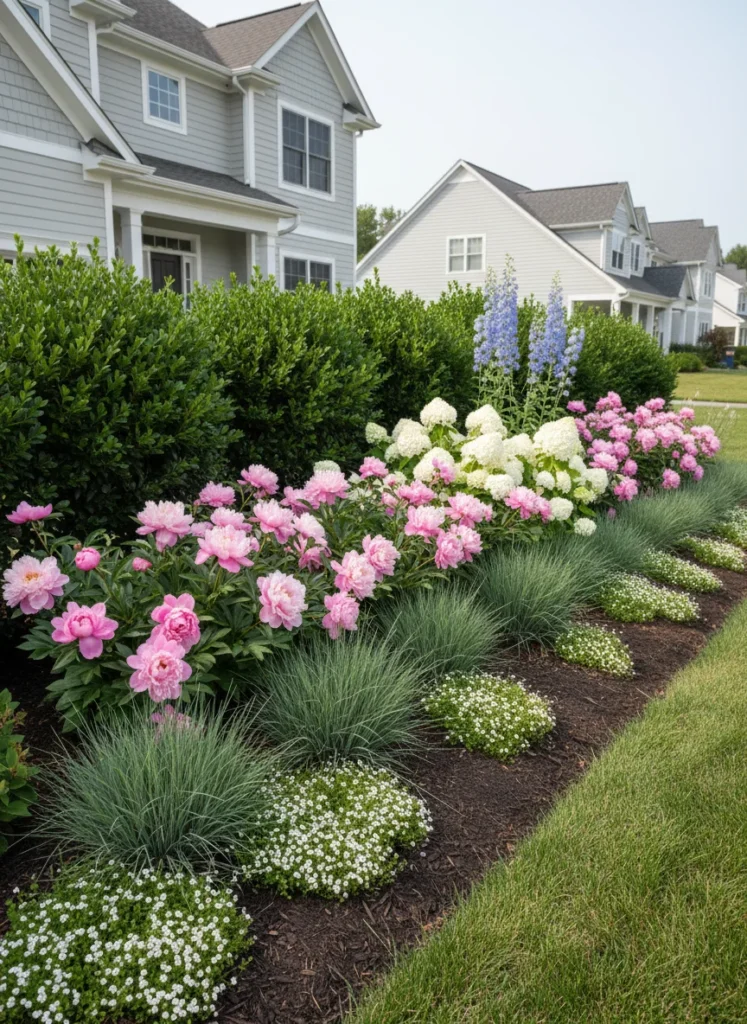 Realistic photograph of a small front yard landscaping design maximized by a deep layered planting border along the property edge. Back row features compact shrubs, middle row has flowering perennials in pink and white, front row has low ornamental grasses and ground cover. Bright daylight, tidy suburban home in the background
