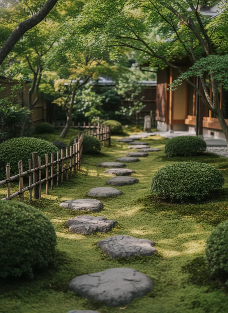 Realistic photograph of a serene Japanese-inspired front yard garden path made from irregular flat stepping stones surrounded by soft green moss, small ornamental shrubs, and a low bamboo border fence. Shaded garden setting, peaceful and minimalist aesthetic, dappled light through overhead trees