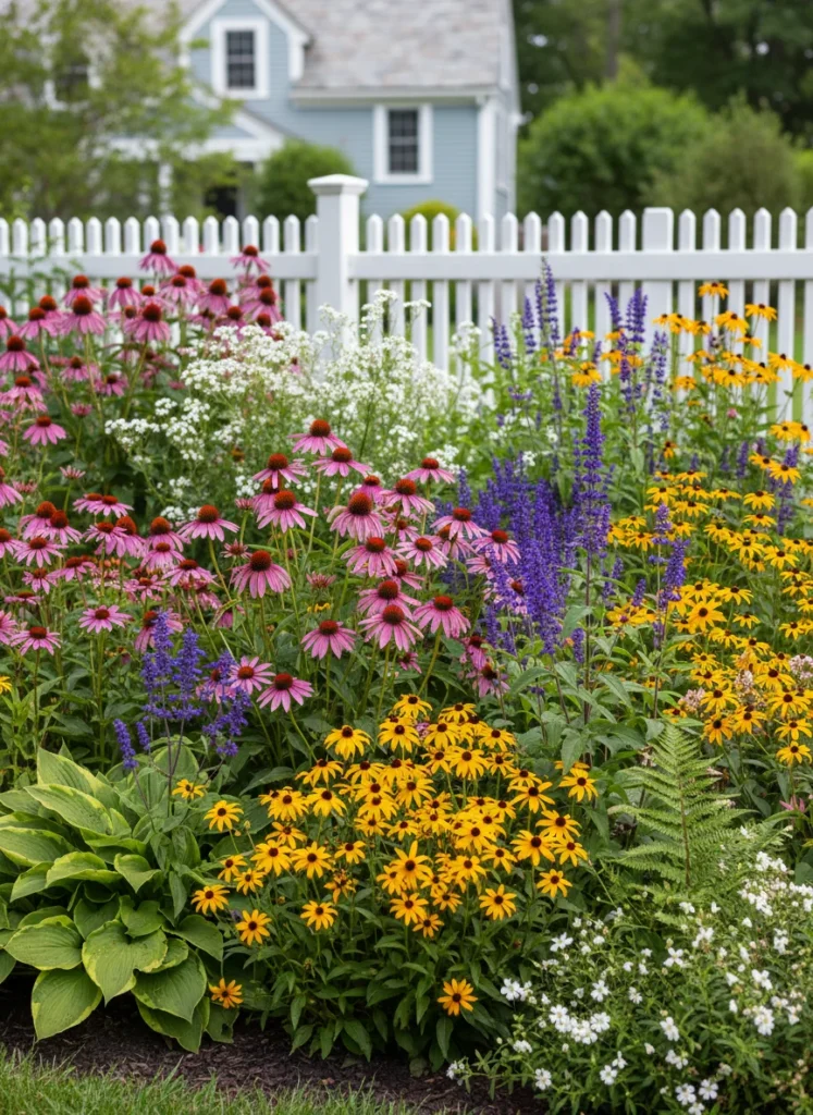 Realistic photograph of a colorful front yard perennial flower border in full bloom with echinacea in purple and pink, black-eyed Susans in yellow, and ornamental salvia in blue. Natural cottage garden style, lush and abundant, bright summer light, wooden picket fence in background