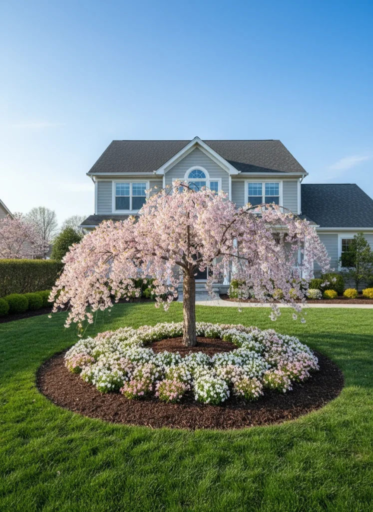 Realistic photograph of a front yard landscaping design centered on a single ornamental tree in full spring bloom with white or pale pink flowers, surrounded by a circular mulched bed with low flowering groundcover plants. Clean suburban home, symmetrical design, bright spring morning light