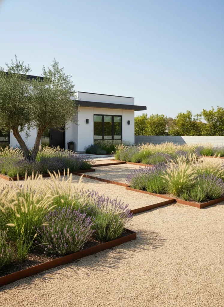 Realistic photograph of a modern front yard landscaping design using decomposed granite gravel as the base material, with geometric planting beds containing ornamental grasses, lavender, and rosemary. Clean contemporary home exterior, bright midday light, Mediterranean garden aesthetic