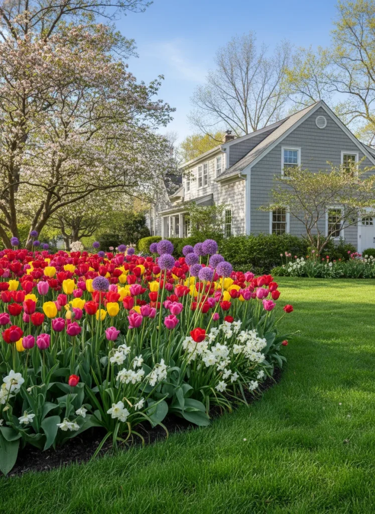 Realistic photograph of a front yard spring garden featuring a large mass planting of tulips in deep red, pink, and yellow tones, surrounded by purple allium and early white narcissus. Lush green lawn in foreground, residential home in background, bright clear spring light