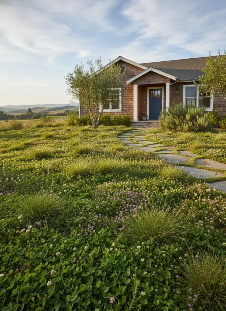 Realistic photograph of a front yard low-maintenance lawn alternative using a mix of clover, creeping thyme, and fine fescue creating a soft green carpet effect. Small residential garden, natural and slightly wild aesthetic, warm afternoon light, no formal edges
