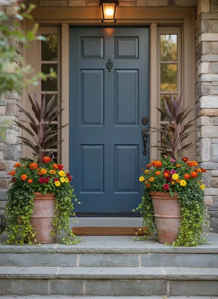 Realistic photograph of a welcoming front door entry flanked by two large terracotta pots planted with tall cordyline in the center, trailing ivy, and seasonal flowering plants in warm orange and red tones. Painted front door, clean steps, warm residential lighting