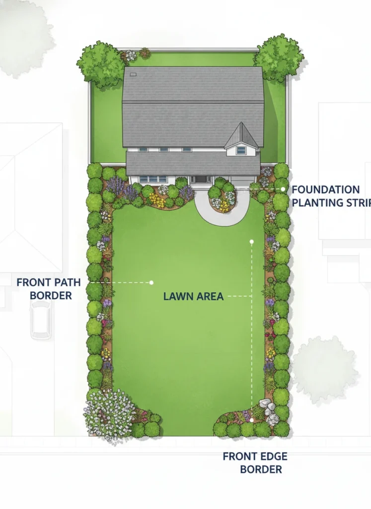 Realistic aerial-style illustration or diagram of a front yard divided into four landscaping zones: a lawn area, a foundation planting strip, a front path border, and a property edge border. Clean graphic style, labeled sections, residential scale, bright natural color scheme