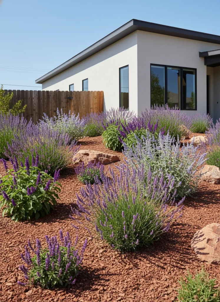 Realistic photograph of a front yard xeriscape design with a layer of reddish-brown decorative rock mulch covering the soil, planted with drought-tolerant shrubs including lavender, salvia, and Russian sage in purple and silver tones. Hot sunny climate aesthetic, clean residential setting, bright direct light