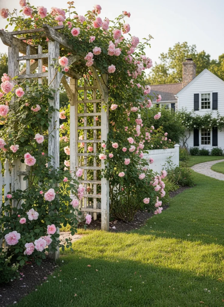  Realistic photograph of a front yard wooden trellis or low picket fence covered in climbing roses in soft pink, with green foliage spilling over. Charming cottage garden aesthetic, warm summer light, white house exterior visible in the background