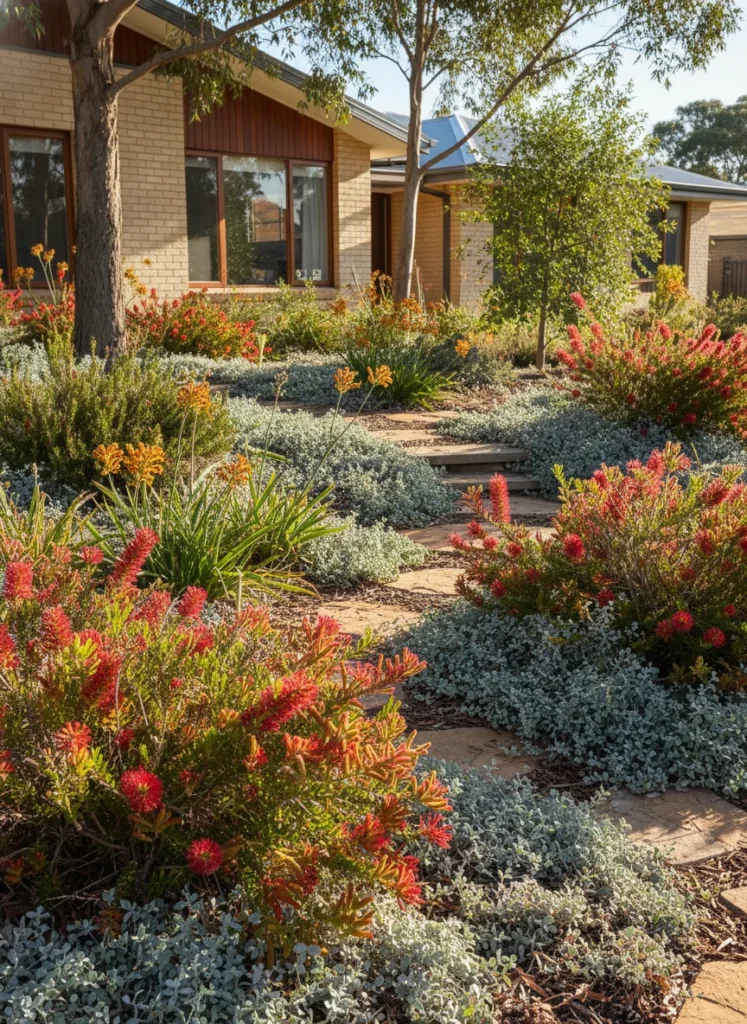 Realistic photograph of an Australian native plant front yard garden featuring grevillea with red spider flower blooms, kangaroo paw in orange, and low silver-leaved native groundcovers, set against a warm residential backdrop. Natural Australian garden aesthetic, bright direct sunlight, textured and informal design