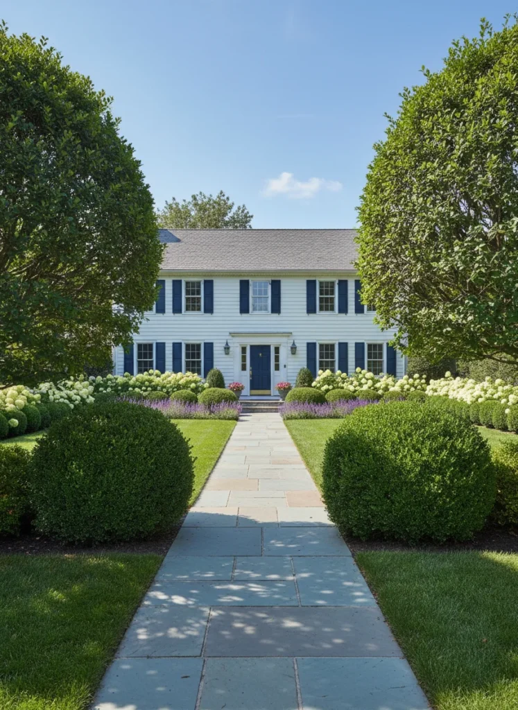 Realistic photograph of a front yard with a formal symmetrical landscaping design featuring matching clipped boxwood or privet shrubs in round topiary shapes flanking the front path, with a straight stone walkway and neatly edged lawn. Traditional residential home exterior, bright midday light, classic and polished aesthetic