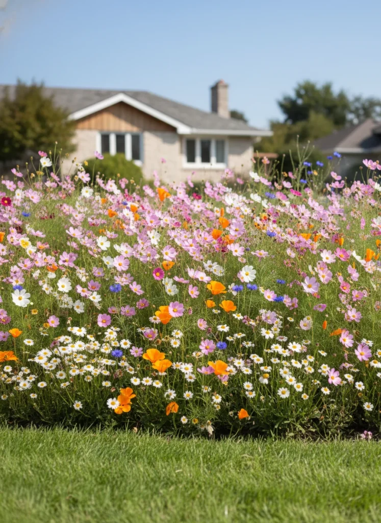 Realistic photograph of a front yard wildflower meadow garden in full summer bloom with a mix of cosmos in pink and white, California poppy in orange, cornflowers in blue, and wild daisies, surrounded by a simple mown grass edge border to look intentional rather than unkempt. Natural light, residential setting, joyful and abundant aesthetic