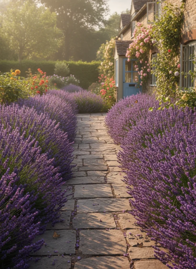 Realistic photograph of a front garden path flanked on both sides by dense lavender plants in full purple bloom, creating a fragrant corridor leading to the front door. Stone or brick pathway, warm summer light, cottage garden aesthetic, soft purple tones dominating