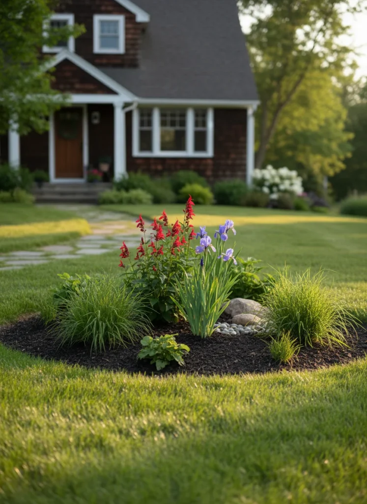 Realistic photograph of a residential front yard rain garden depression planted with moisture-loving native plants including cardinal flower in red, blue flag iris, and ornamental sedge grasses. Natural setting, slight low point in the landscape visible, lush green planting, soft natural light