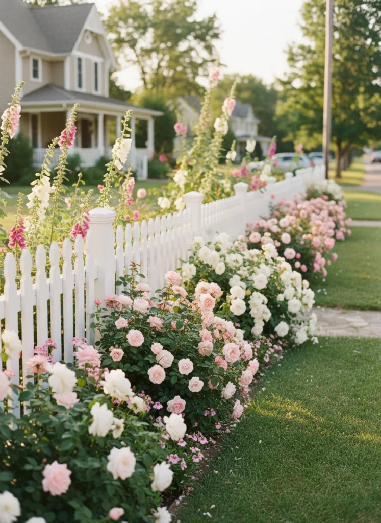 Realistic photograph of a classic white picket fence along the front of a residential property, with a lush cottage garden border planted in front of it featuring roses, foxgloves, hollyhocks, and geraniums in mixed pink and white tones. Warm summer light, charming residential street, traditional aesthetic