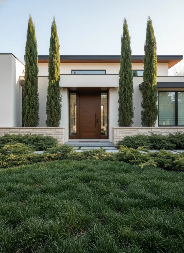 Realistic photograph of a front yard landscaping design anchored by evergreen structural plants including Italian cypress trees flanking the front door, low-growing juniper shrubs along the foundation, and a carpet of green mondo grass as groundcover. Contemporary residential home, clean lines, winter or early spring setting showing the year-round structure