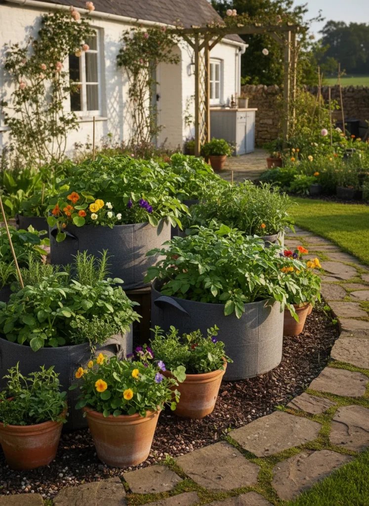 Realistic photograph of decorative large dark fabric grow bags and ceramic containers planted with potato plants, herbs, and edible flowers arranged as a feature in a front garden setting. Stone path nearby, cottage or kitchen garden aesthetic, warm natural light, productive and attractive arrangement